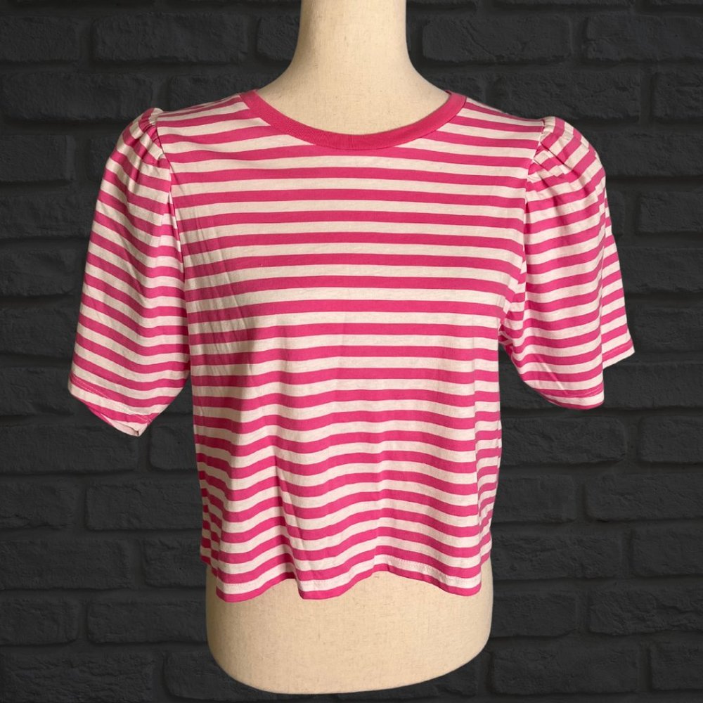 NWT ASOS Pink White Striped Cropped T-Shirt Puff Shoulder Short Sleeves Sz 12